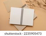 Notebook, A5, A6, metal ring bind, with white cream paper, with dried flowers and envelope. Stationary mockup template. 
