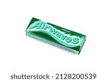 Small photo of Tesanj, Bosnia and Herzegovina - February 23 2022: Wrigley's Airwaves Green Mint chewing-gums packaging isolated on white background