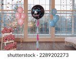 Small photo of Black balloon with "boy or girl?" on gender reveal party. Gender party balls pink and blue. Expectant parents are having a gender reveal party. Expecting baby. Baby shower.