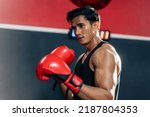 Small photo of Portrait of Asian handsome sportsman wear boxing gloves in fitness gym. Attractive athlete male fighter workout and exercise by punching sand bag to maintain strong muscle and health care in gymnasium