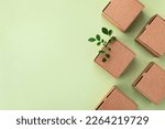 Small photo of Cardboard boxes from natural recyclable materials with green leaves sprout top view. Responsible consumption, eco friendly packaging, zero waste concept.