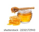 Small photo of Honey isolated on white background. Jar with honey, honeycomb and honey dipper with drop of honey.