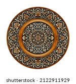 Small photo of Arabic carved ornament on wooden plate, patterns. Souvenir carving plate.