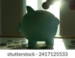 Small photo of Save money. Smart modern woman putting coin into piggy bank for saving. wealth, Finance, business, investment, retirement, future, accounting, plan life, economize, banking, family, health.