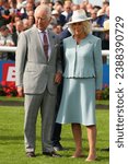 Small photo of DONCASTER RACECOURSE, SOUTH YORKSHIRE, UK : 16 September 2023 : His Majesty King Charles and Her Majesty Queen Camilla in the Parade Ring at Doncaster Racecourse on St Leger day