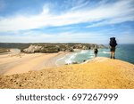 Rota Costa Vicentina hiking trail at the cliffs near beach Praia de Odeceixe, Algarve Portugal