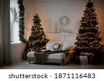 festively decorated New Year's bedroom cozy interior. Winter Christmas spirit