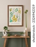 Small photo of Spring composition of living room interior with mock up poster frame, wooden consola, beige vase with flowers, wooden trace, sprinkler and personal accessories. Home decor. Template.