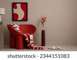 Small photo of Interior design of warm living room with mock up poster frame, copy space, modern red armchair, patterned plaid, vase with flowers, brown wall and personal accessories. Home decor. Template.