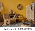 Small photo of Creatiwe composition of yellow living room interior with stylish armchair, wooden partition wall, colorfull pillows, slippers, plaid, rug and personal accessories. Home decor. Template.