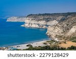 Small photo of Limassol. Republic of Cyprus. Pathos. The Kourion beach. The Kourion seaside. Mediterranean rocky coast. Natural landscapes of Cyprus. August 2022