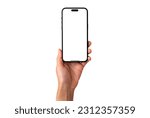 Hand holding the black smart phone 14 pro max with blank screen and modern frameless design in two rotated perspective positions - isolated on white background - Clipping Path