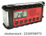 Small photo of Weather radio ideal for natural disasters with its rechargeable bettery, solar panel, hand crank and flashlight in a portable unit