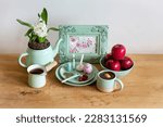 Small photo of Haft Sin traditional table of Nowruz. Persian new year decoration, Table with Haft-seen elements for Novruz, a.Traditional celebration of spring in March, Novruz Holiday.
