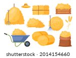 Bale of hay. Vector set of bale of hay icons with straw, wheat and rye ears, dried haystack, hayloft, roll pile, wheelbarrow, pitchfork, rake. Agricultural rural haycock. Rural farming illustration