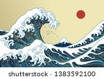 big asian ocean wave  red sun... | Shutterstock .eps vector #1383592100