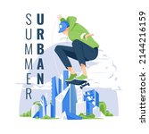 a young skateboarder does a... | Shutterstock .eps vector #2144216159
