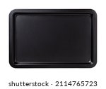 Nonstick baking sheet isolated on a white background. Empty rectangular oven tray for baking and roasting. Black baking pan for cooking and food design. Kitchen utensils. Top view.