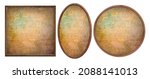 Small photo of Wooden frame set. Empty square, circle, oval frame with texture of old tinted shabby paper isolated on white background. Blank frame. Signboard mockup. Old frame. Bulletin board.
