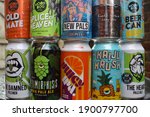 Small photo of London, UK - January 17 2021: Australian craft beer from Victoria by Moon Dog Sailor's Grave Hop Nation Gipsy Hill Kaiju 3 Ravens Bold flavours hazy pale brewed with foraged salt bush or ice cream IPA