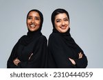 Beautiful arab middle-eastern women with traditional abaya dress in studio - Arabic muslim adult female portrait in Dubai, United Arab Emirates