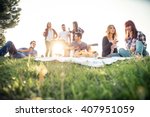 Group of friends having pic-nic in a park on a sunny day - People hanging out, having fun while grilling and relaxing