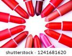 Many lipsticks on white background.red,pink,nude.flat lay