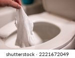 Small photo of Disposable wipes being flushed down a toilet where they can cause clogging and problems with wastewater treatment.