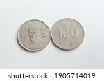 One hundred south korean won coin isolated on white background, 2004 year, 100 wons korea collectible coin,  empire, collectors, numismatic, metal money,  tokens collection of currency