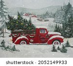 Red Old Christmas Truck With...