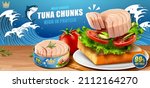 canned tuna chunk banner ad. 3d ... | Shutterstock . vector #2112164270