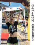 Small photo of Canillo, Andorra. July 8, 2023. Jesica Izquierdo Winner in the Women's category at the 2023 Olympus Race obstacle racing challenge in Andorra. Canillo, Andorra, July 7, 2023.