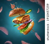 Small photo of Delicious burger with flying ingredients and sauce. Valentine's day poster. Cupid's arrow pierces the burger. For the love of food. Blue background with flying feathers