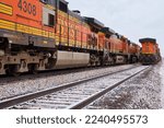 Small photo of Gillette, Wyoming - January 23, 2021: Engine cars being stored on mulitiple railroad tracks outside Gillette, Wyoming.