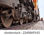 Small photo of Gillette, Wyoming - January 23, 2021: Train wheels on a railroad track near Gillette, Wyoming.