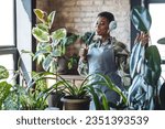 Beautiful cheerful joyful plus size African American young woman repotting home green plants, taking care about flowers, enjoying life, singing, dancing while doing chores, cleaning, have fun