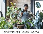 Beautiful cheerful joyful plus size African American young woman repotting home green plants, taking care about flowers, enjoying life, singing, dancing while doing chores, cleaning, have fun