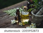 Small photo of Assortment of pure organic natural essential aroma oil with mint , camomile on wooden background. Concept of herbal, floral ingredients in cosmetology. Alternative medicine, therapy, Ayurveda