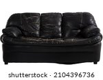 Damaged black leather sofa isolated on white background included clipping path.