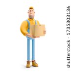 deliveryman in overalls holds a ... | Shutterstock . vector #1735303136