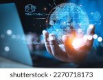 Hand holding virtual Global Internet connection with A.I. Artificial Intelligence. Business global internet connection application technology, Digital link tech, big data. Future concept.