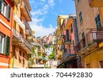 View of the colorful houses along the main street in a sunny day in Manarola. Manarola is one of the five famous Cinque Terre villages in natiolal park. Liguria, Italy, Europe