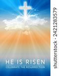 Small photo of Easter background with the text 'He is Risen', a shining star and blue-orange sky with white clouds.