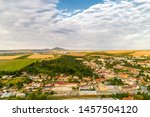 Beautiful Aerial view of city Hustopece.  Rural Hustopecsko region of fruit and wine growing. St Wenceslaus Church. Hustopece is town of Breclav District in South Moravian Region of Czech Republic.