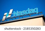 Small photo of Stockholm, Sweden - 03.24.2022: Rooftop Nasdaq logotype at the HQ in Stockholm.