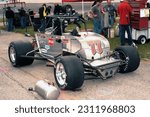 Small photo of Anderson, IN, USA - May 25, 2013: Race driver Chet Fillip's unorthodox, weird-looking Sprint Car competed in the Little 500 Sprint Car race at Anderson Speedway in Indiana.