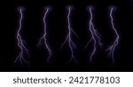 Lightning bolts isolated on black, Thunder electric strike. Thunderstorm and lightning