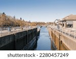 Small photo of Seattle, Ballard, USA. March 2022. View of the Hiram Chittenden Locks, or Ballard Lacks, a complex of looks at the west end of Salmon Bay. Washington's Lake Washington Ship Canal