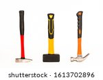 Small photo of red, yellow, orange hammer tools craftsman isolated on white background for electrician maintenance or building supplies construction, sledge hammer, handyman, tool set