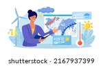 Weather forecast online. Presenter with atmospheric precipitation map on background. Weather broadcast. Woman presenting meteorology newscast. Meteorological television news and announcement